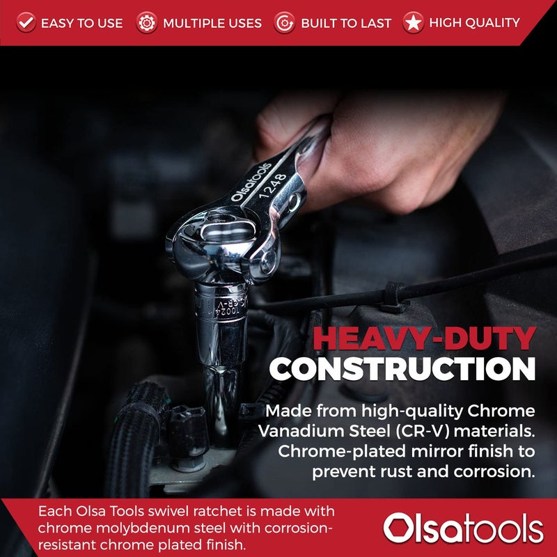 Olsa Tools 90T Swivel Head Ratchet Wrench Set, 3-Piece, Chrome Vanadium Steel, 270 Degree Rotation, Ideal for Tight Spaces - Image 5